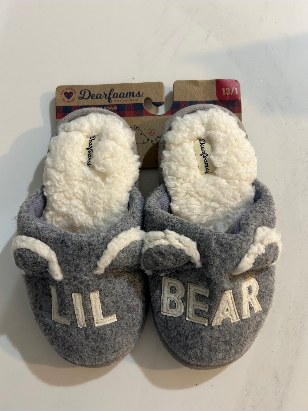 dearfoams Grey and Cream Plush Bear Slip-On Slippers